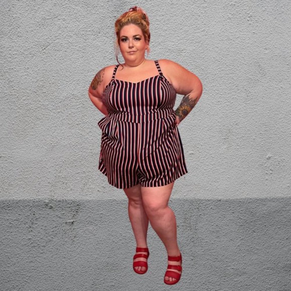 Torrid Red, Navy and White Vertical Striped Challis Romper 4X